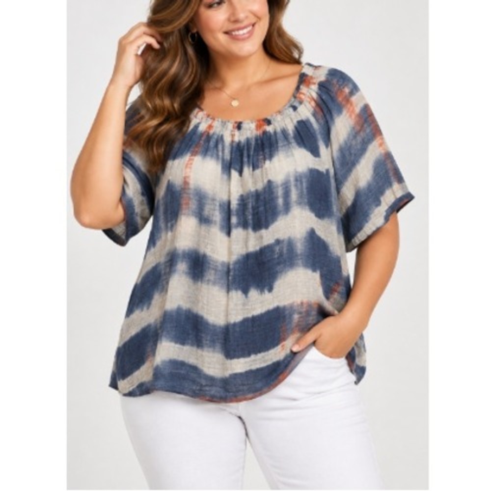 Vanilla Star Womens Blue Orange Elastic Neck Tie Dye Off Shoulder Top Size L